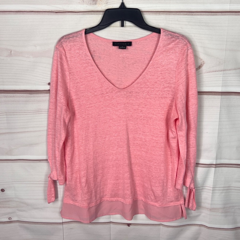Sanctuary Top Womens M Orange V-Neck T-Shirt Linen Knit Chiffon Hem Tie Sleeve